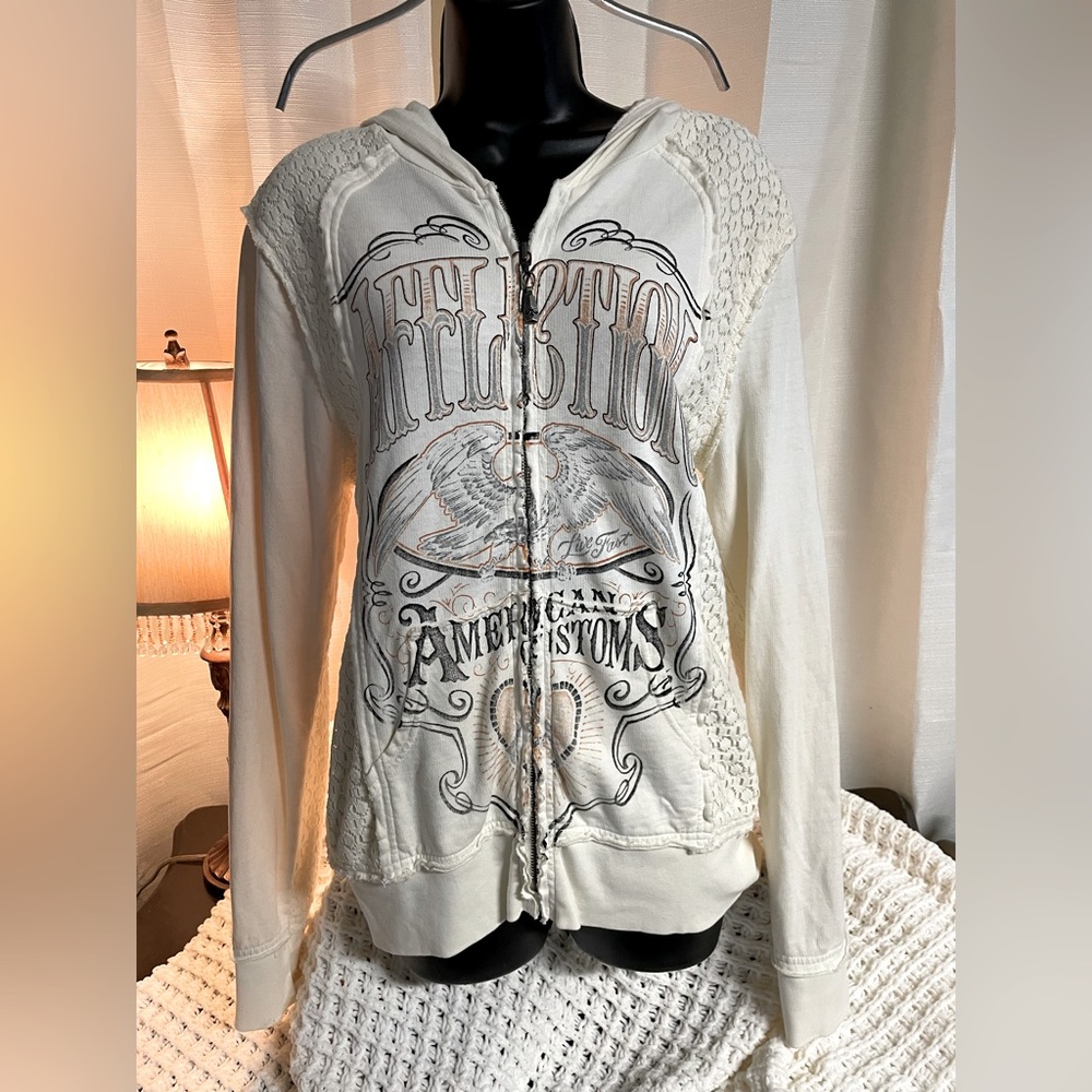 Affliction cream graphic jacket with lace